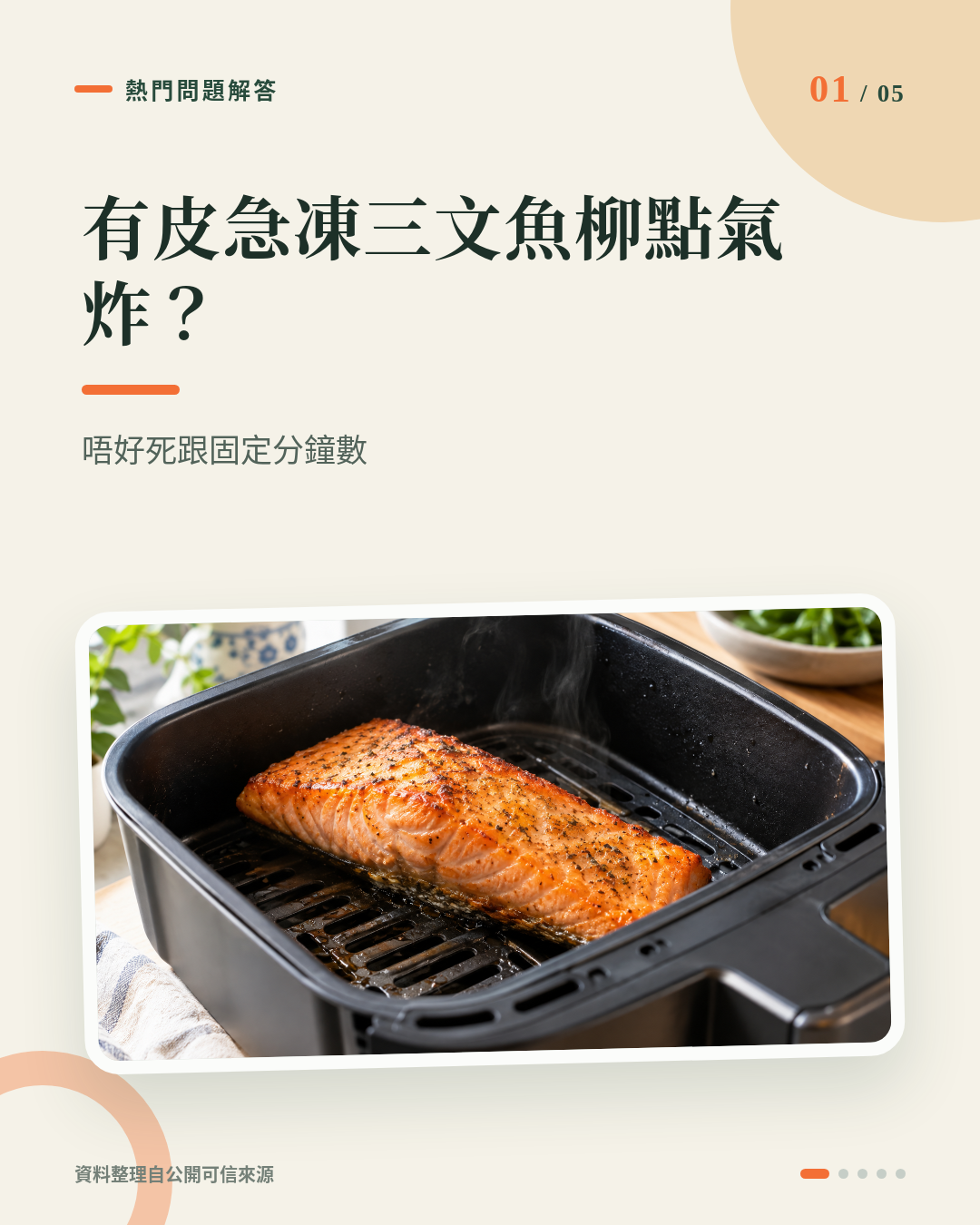 有皮急凍三文魚柳點用氣炸鍋？掌握厚度、解凍與中心溫度，魚皮香脆魚肉嫩 重點 1